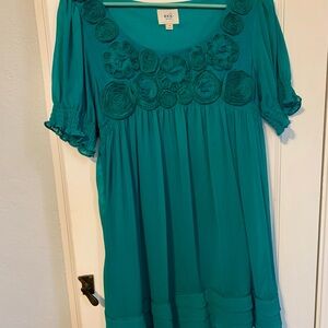ECI Teal Crew Neck Dress with Rosette Detail